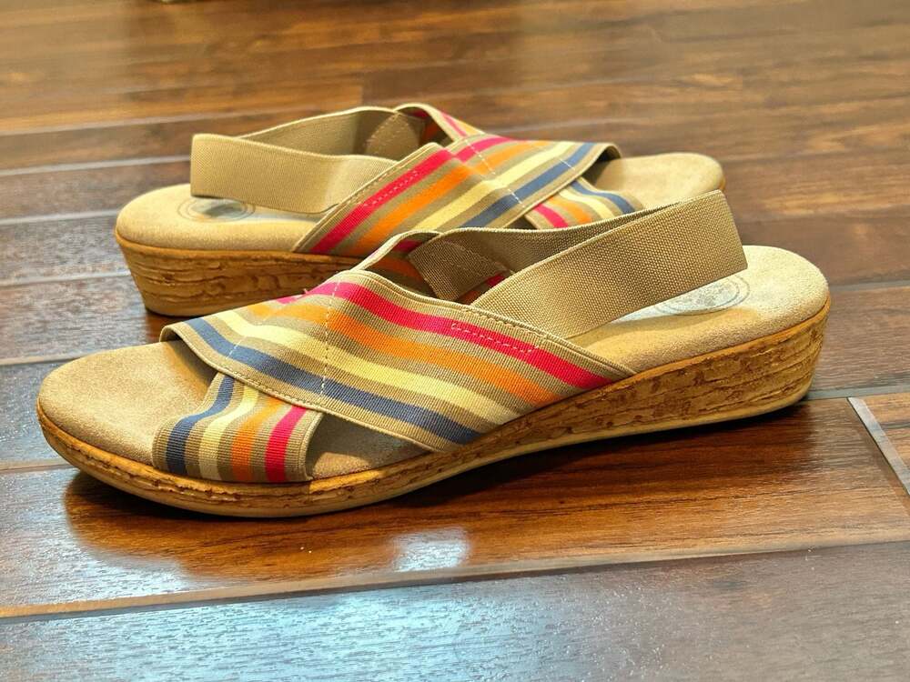 Charleston Shoe Co. Atlantic Stripe Elastic Cross-Strap Wedge Sandals Resort - Picture 11 of 15